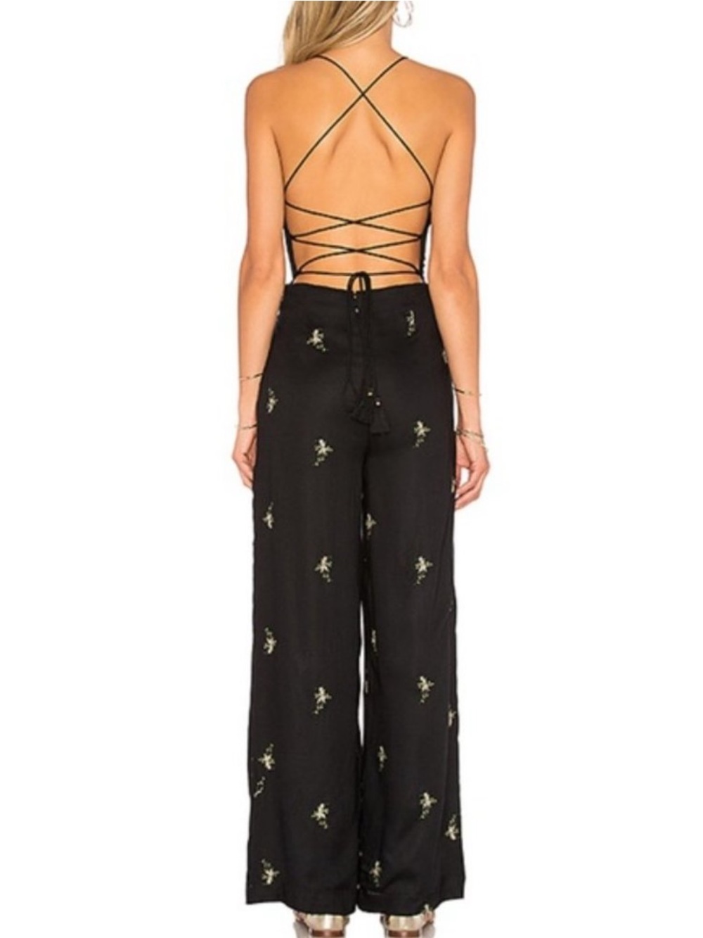 House of Harlow 1960 x Revolve Natalie Black Wide-Leg Jumpsuit Floral Embroidery - Picture 3 of 16